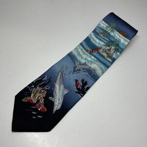 American Lifestyle Necktie Mens OS Blue‎ Silk Tropical Ocean Dolphin Tie